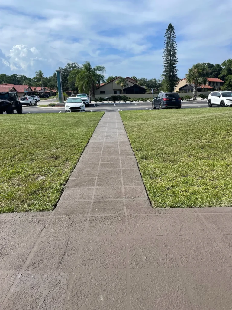 Finished decorative concrete walkway through a lawn after resurfacing